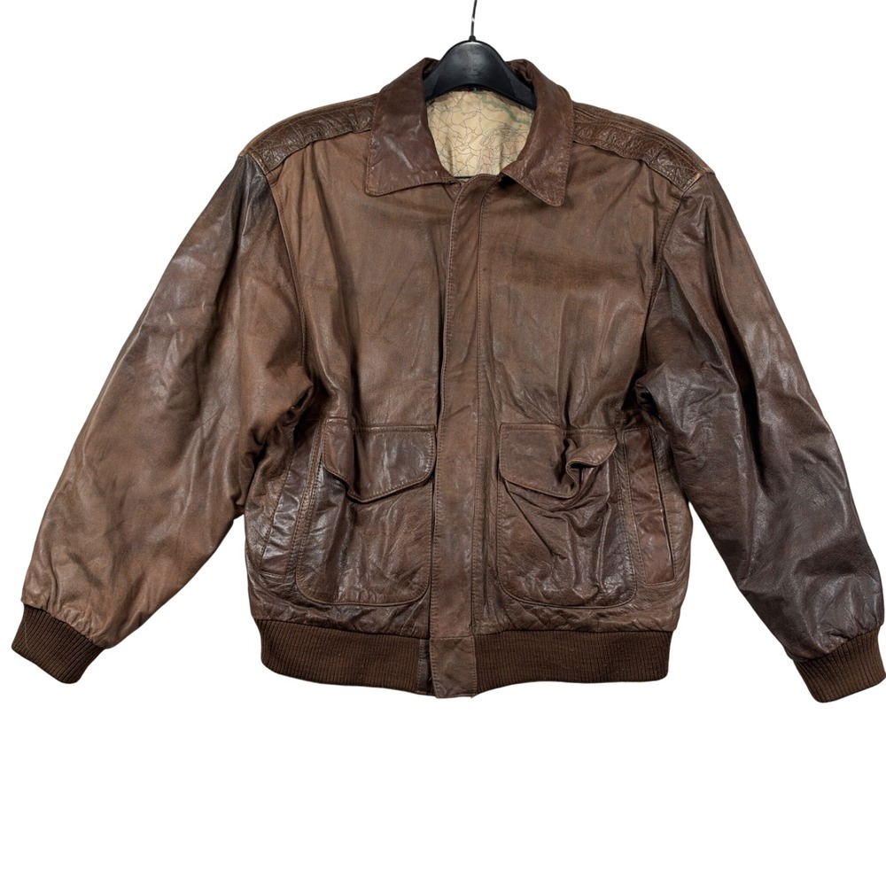 Flight Jacket Men Large Brown Leather Bomber Map Lining Aviator